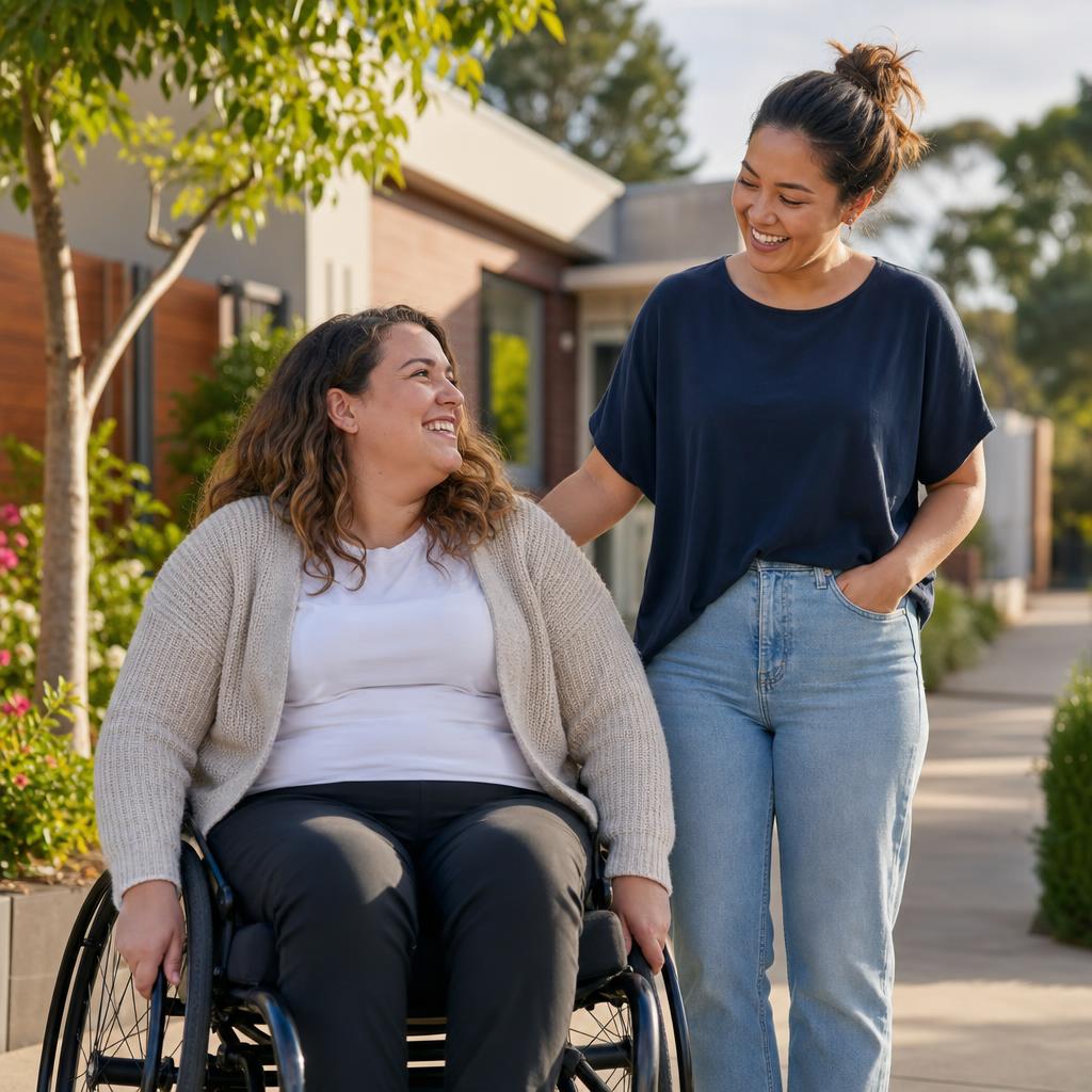 Two people connecting outdoors — a person in a wheelchair and a support worker smiling together